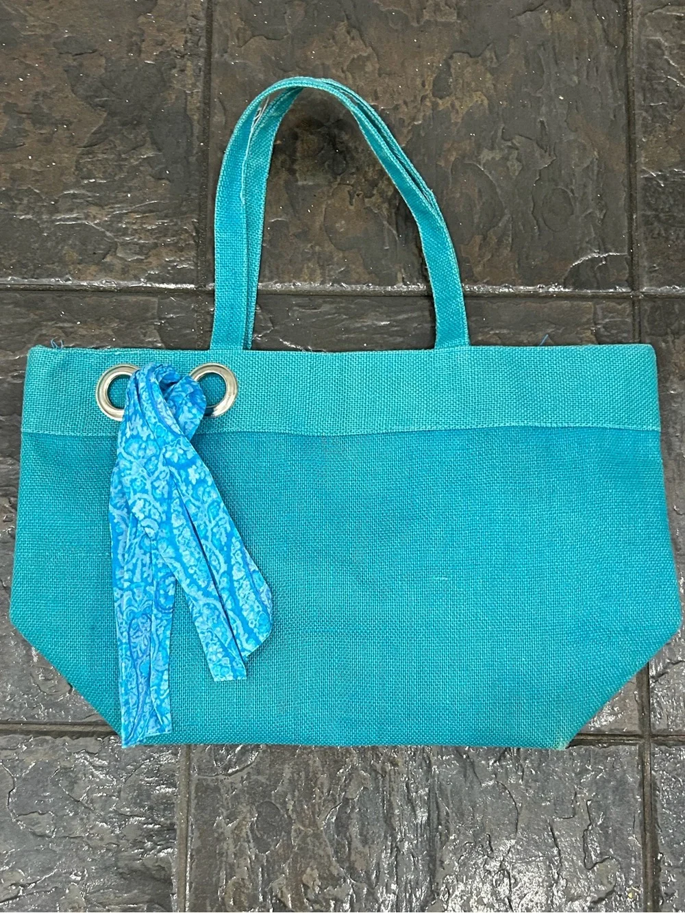 Murval Turquoise Woven Tote Handbag Blue Scarf Accent Summer Beach Bag